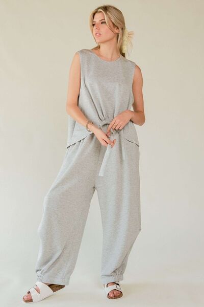 Davi & Dani Drawstring Hem Round Neck Tank and Pants Set HEATHER GREY for a perfect OOTD – dress to impress outfits from Amexza