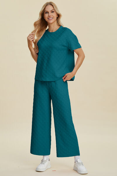 Double Take Full Size Texture Round Neck Short Sleeve Top and Pants Set for a perfect OOTD – dress to impress outfits from Amexza