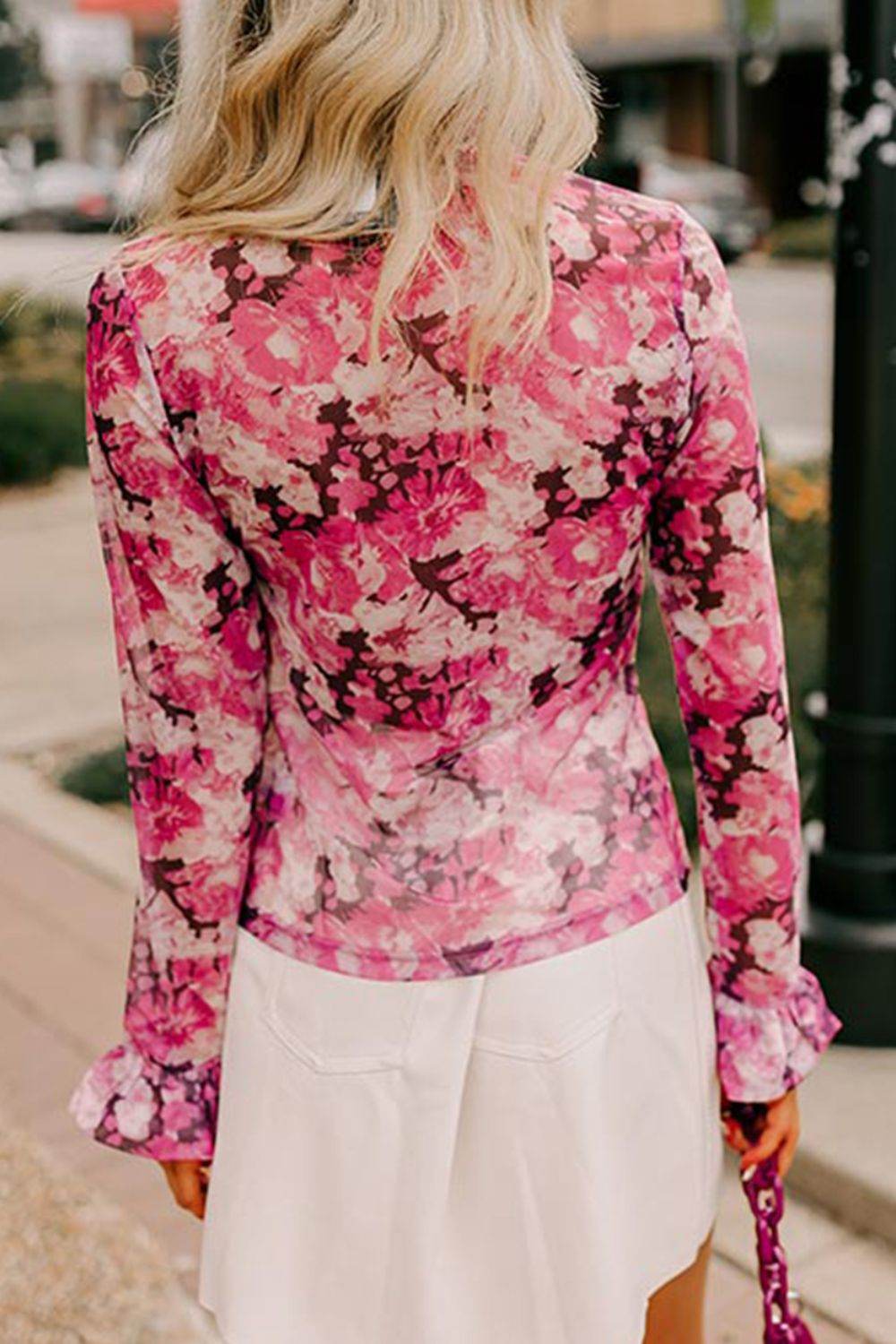 Floral Turtleneck Flounce Sleeve Blouse - Amexza