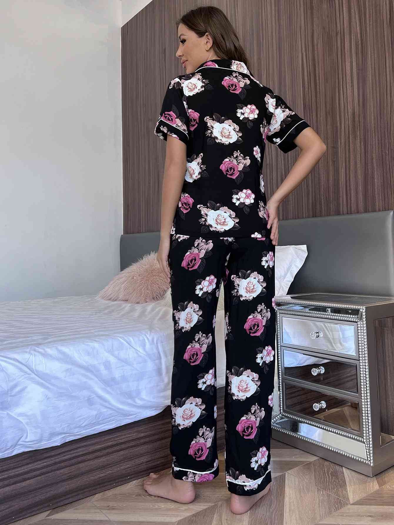 Floral Short Sleeve Shirt and Pants Lounge Set - Amexza