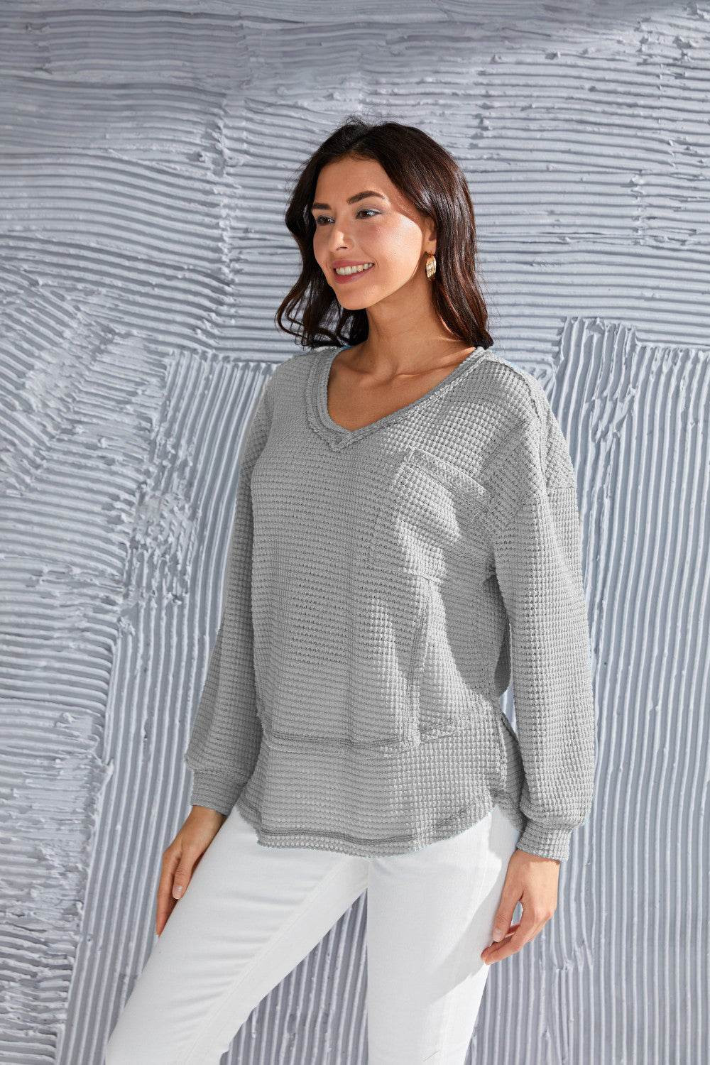 Waffle-Knit V-Neck Blouse with Breast Pocket for a perfect OOTD – dress to impress outfits from Amexza