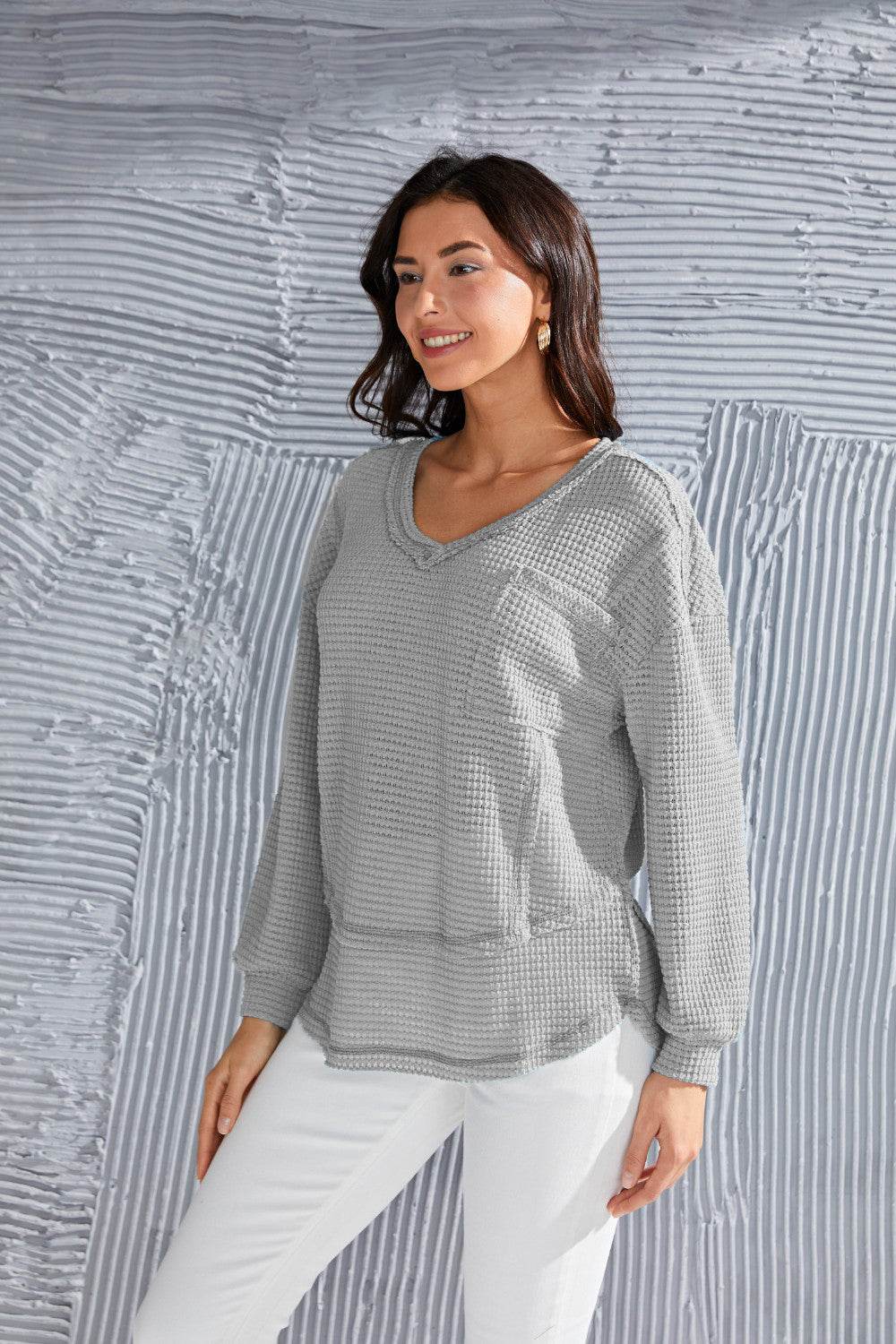 Waffle-Knit V-Neck Blouse with Breast Pocket - Amexza