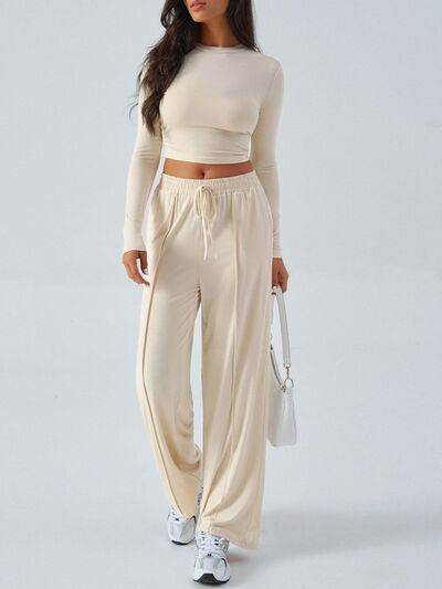 Devine Round Neck Long Sleeve Top and Pants Set - Amexza