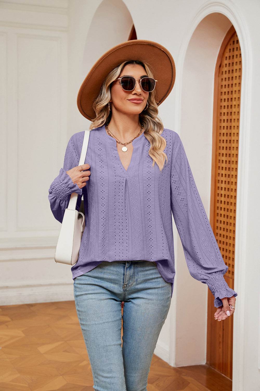 Notched Neck Flounce Sleeve Blouse Lavender for a perfect OOTD – dress to impress outfits from Amexza