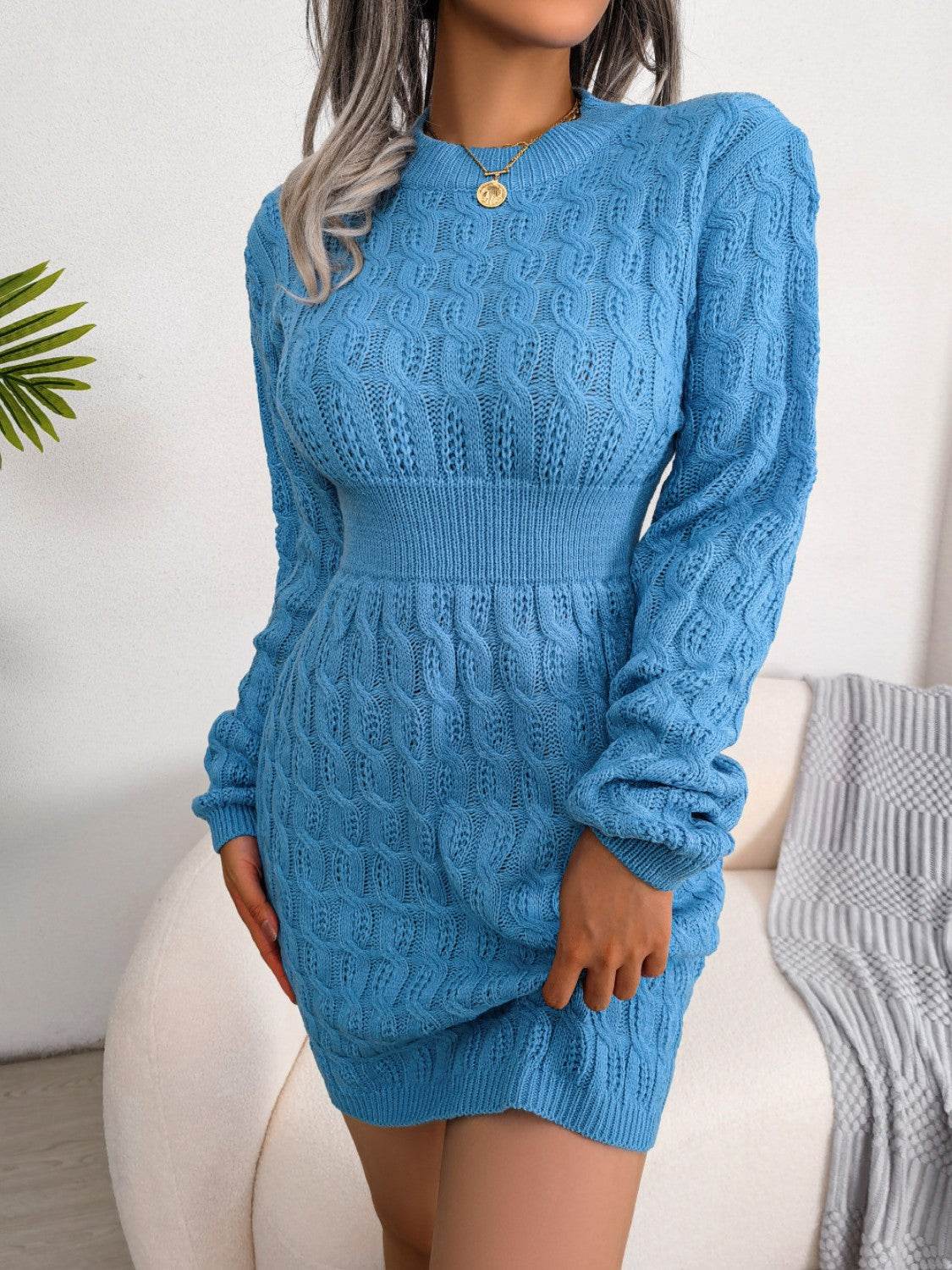 Cable-Knit Round Neck Mini Wrap Sweater Dress - Amexza