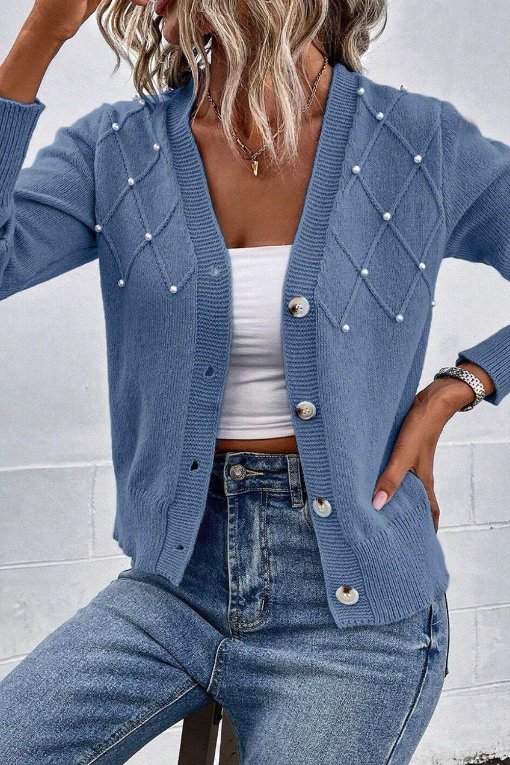 Beaded V-Neck Button Up Long Sleeve Cardigan for a perfect OOTD – dress to impress outfits from Amexza