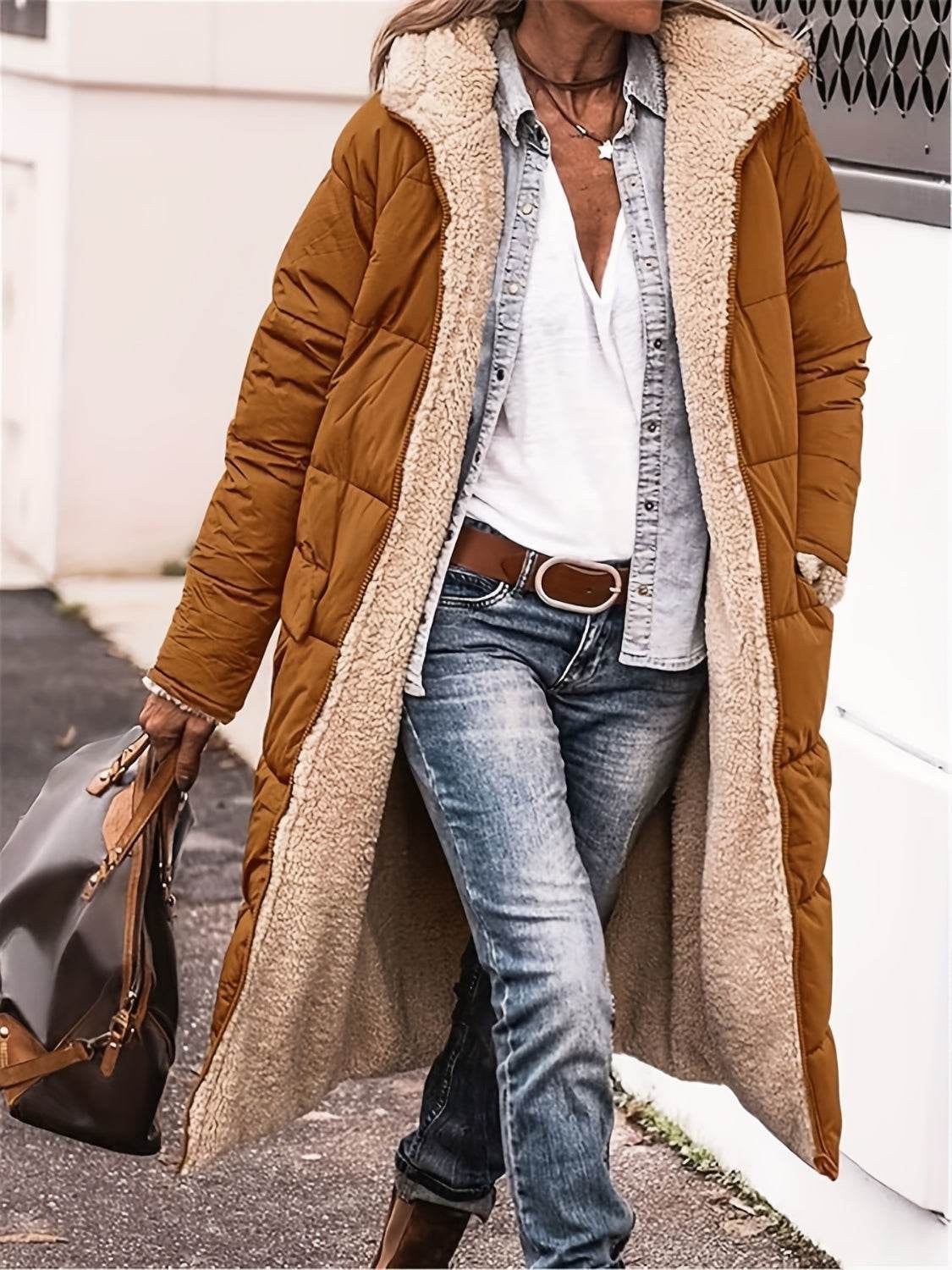 Full Size Zip Up Sherpa Hooded Coat Caramel for a perfect OOTD – dress to impress outfits from Amexza