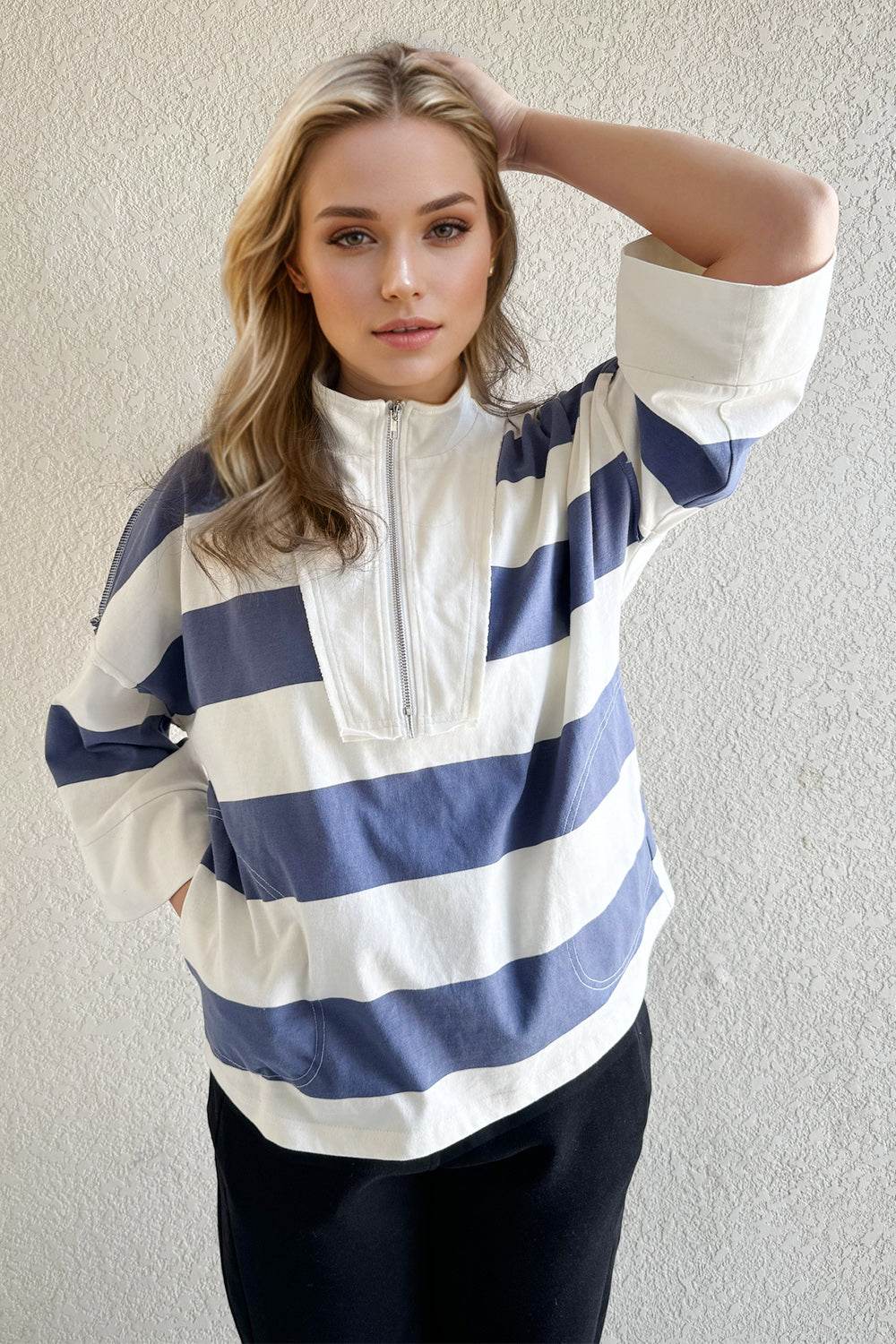 Oh Pima Cotton Wash Striped Half Zip Mock Neck Long Sleeve Top Dusty Blue for a perfect OOTD – dress to impress outfits from Amexza