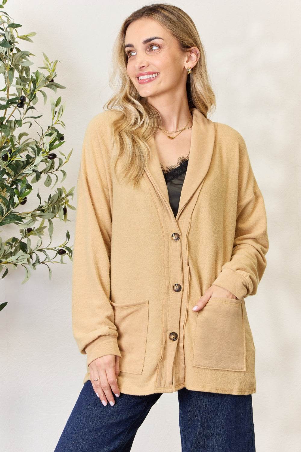 Heimish Full Size Button Up Long Sleeve Cardigan Gold for a perfect OOTD – dress to impress outfits from Amexza