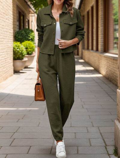 Plaid Texture Snap Down Top and Pants Set Army Green for a perfect OOTD – dress to impress outfits from Amexza