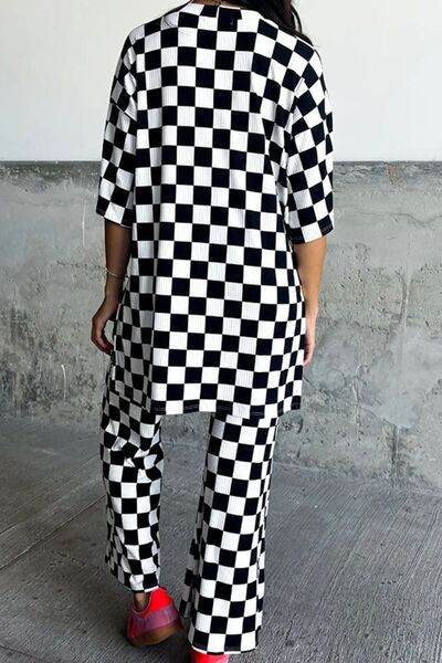 Checkered Round Neck Half Sleeve Top and Pants Set - Amexza