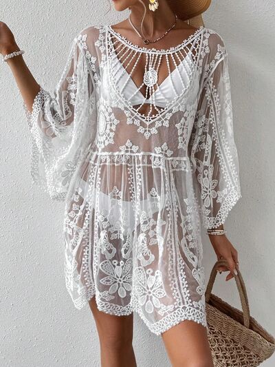 Lace Round Neck Cover-Up White One Size for a perfect OOTD – dress to impress outfits from Amexza