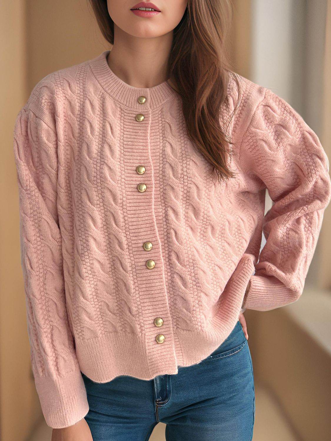 Cable-Knit Round Neck Long Sleeve Cardigan Dusty Pink One Size for a perfect OOTD – dress to impress outfits from Amexza