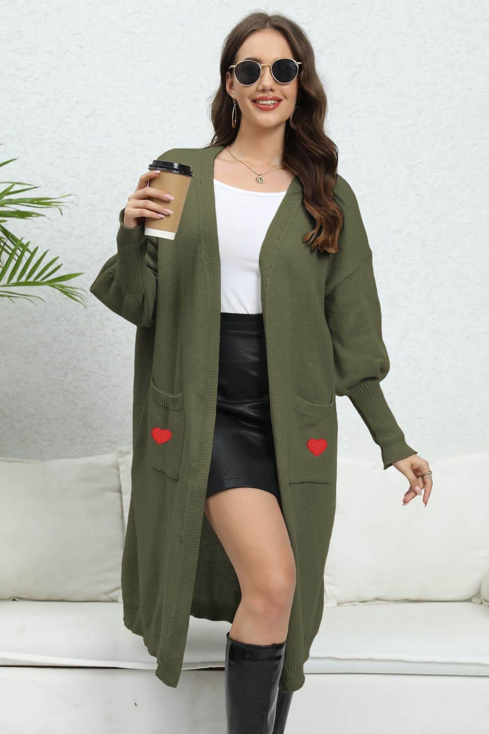 Lantern Sleeve Open Front Pocketed Cardigan Army Green One Size for a perfect OOTD – dress to impress outfits from Amexza