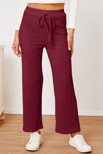 Textured Elastic Waist Straight Pants Burgundy for a perfect OOTD – dress to impress outfits from Amexza