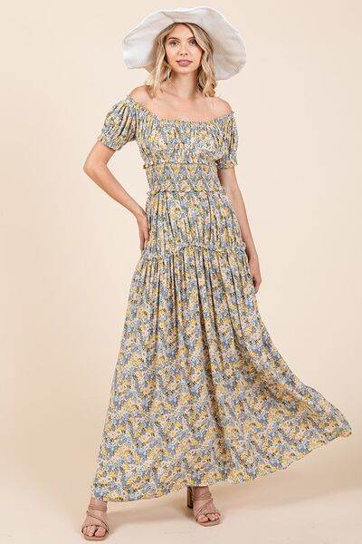 Mittoshop Flower Print Puff Sleeve Gathered Maxi Dress Light Blue for a perfect OOTD – dress to impress outfits from Amexza