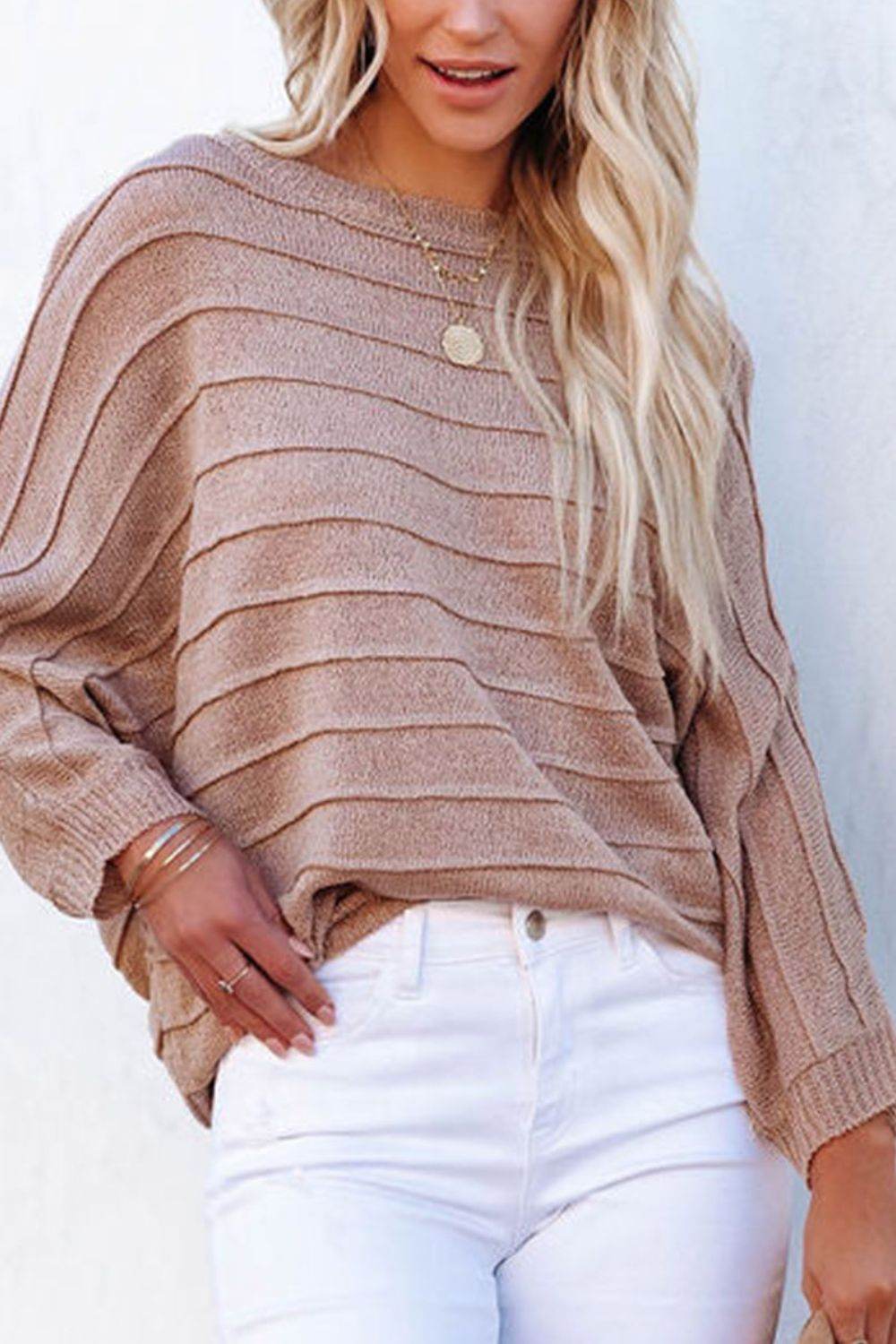 Round Neck Long Sleeve Knit Top - Amexza