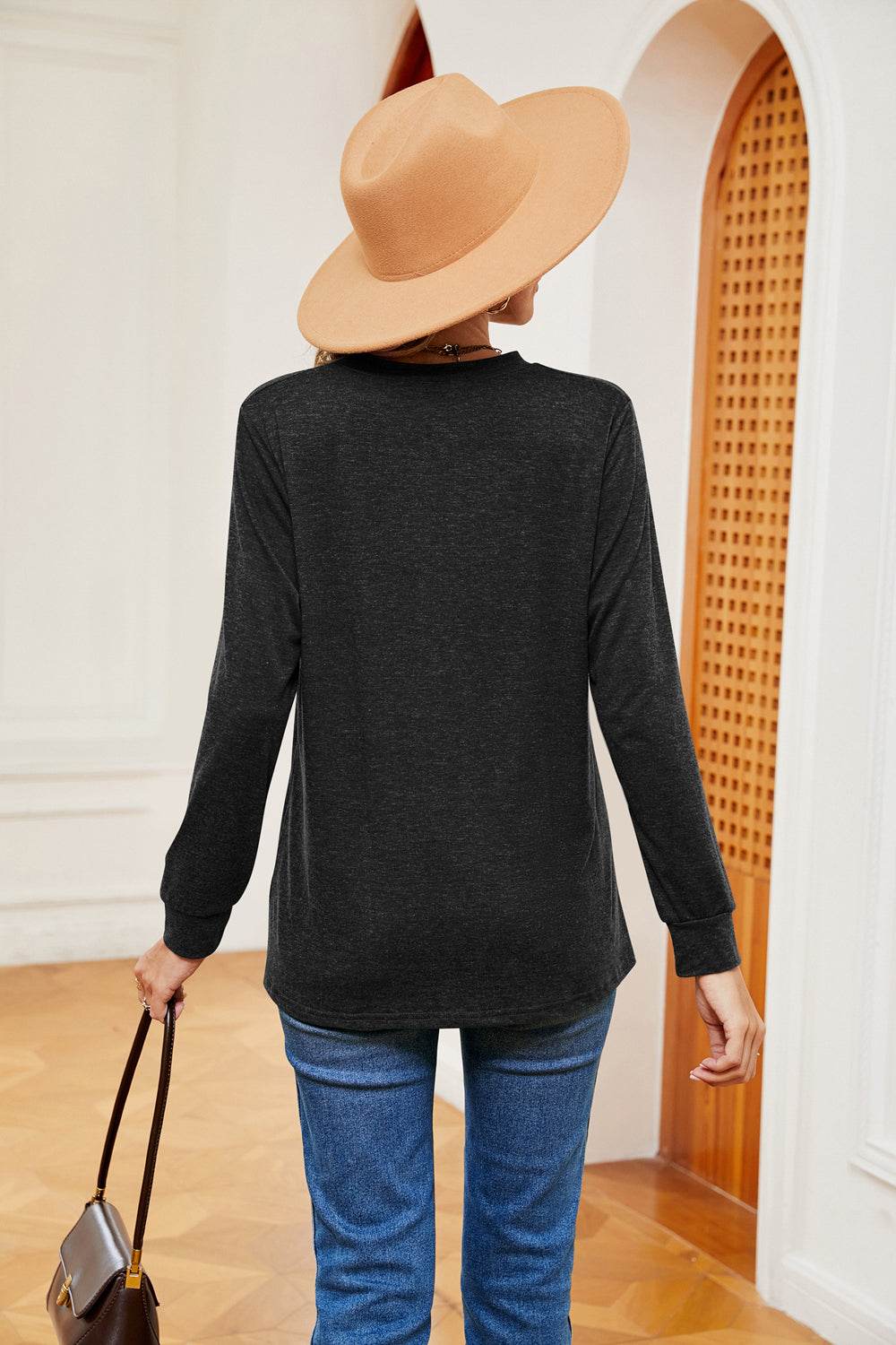 Buttoned Notched Neck Long Sleeve Top for a perfect OOTD – dress to impress outfits from Amexza