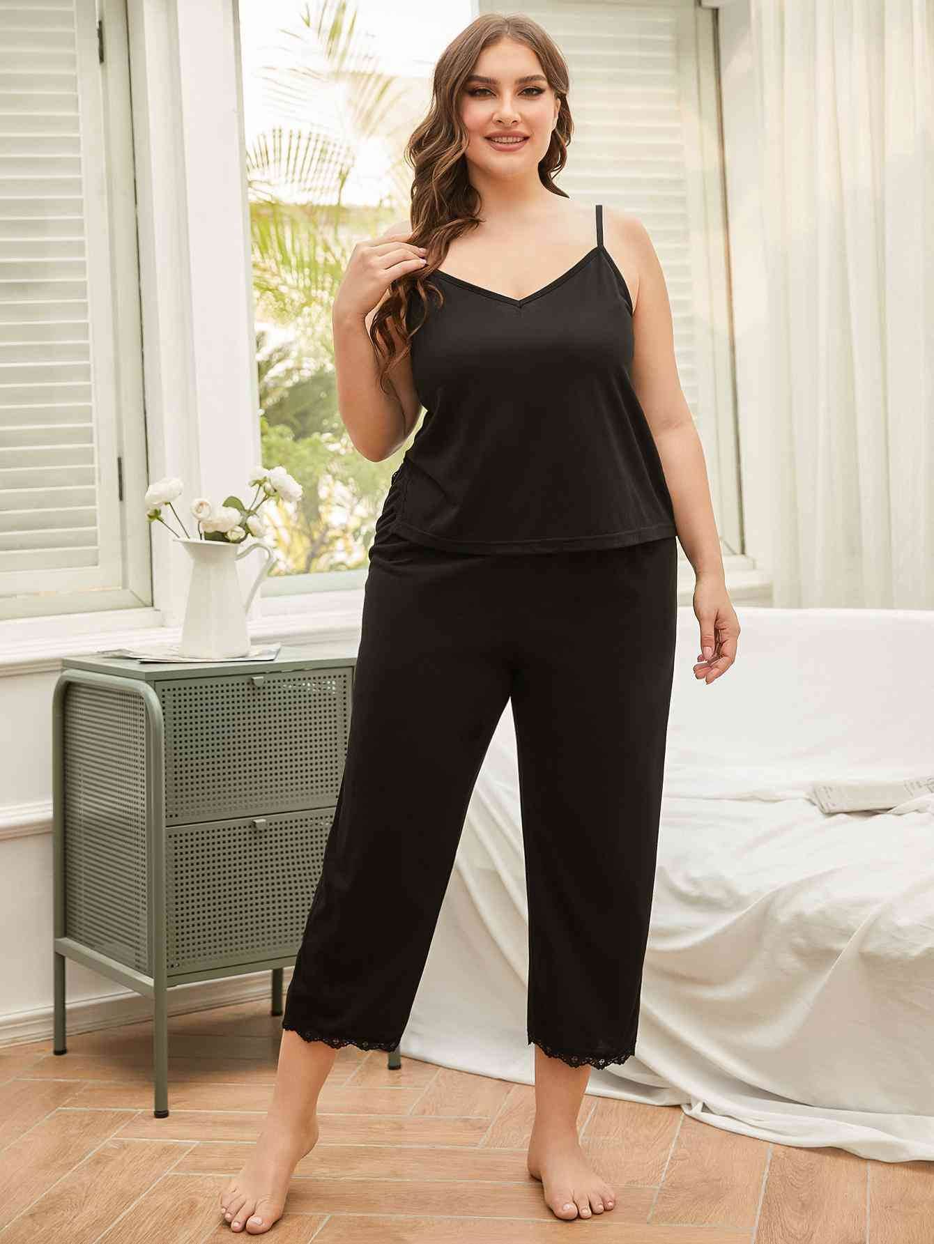 Plus Size Lace Trim Slit Cami and Pants Pajama Set Black for a perfect OOTD – dress to impress outfits from Amexza