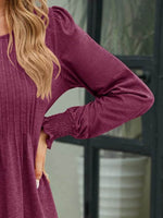 Smocked Round Neck Lantern Sleeve Blouse - Amexza