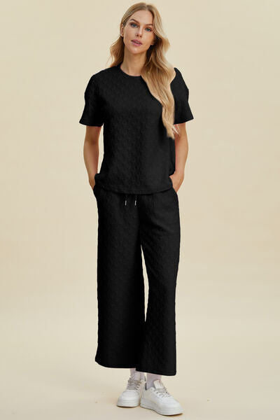 Double Take Full Size Texture Round Neck Short Sleeve Top and Pants Set Black for a perfect OOTD – dress to impress outfits from Amexza