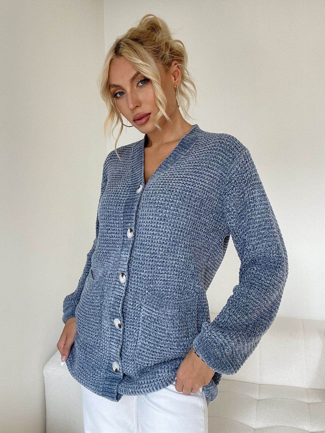 Pocketed V-Neck Button Up Cardigan Dusty Blue One Size for a perfect OOTD – dress to impress outfits from Amexza