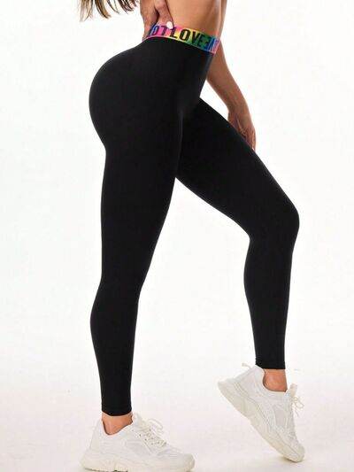 Letter Printed High Waist Active Leggings - Amexza