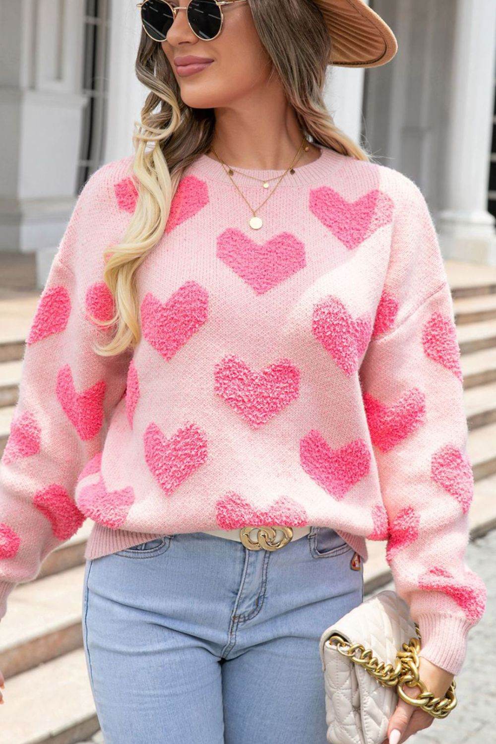 Valentine's Day Heart Jacquard Round Neck Sweater for a perfect OOTD – dress to impress outfits from Amexza