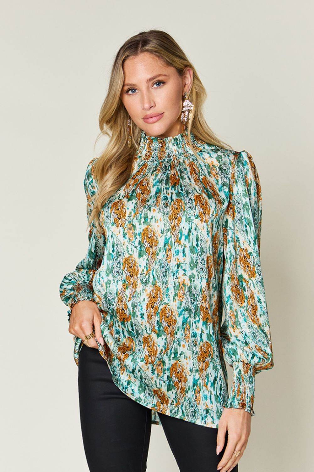 Double Take Full Size Printed Smocked Long Sleeve Blouse Green for a perfect OOTD – dress to impress outfits from Amexza