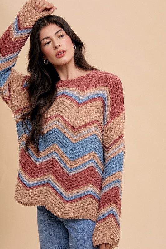 Annie Wear Multi Color Zig-Zag Round Neck Sweater for a perfect OOTD – dress to impress outfits from Amexza