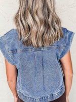Button Up Cap Sleeve Denim Jacket - Amexza