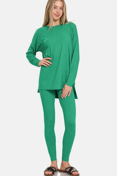 Zenana Full Size Brushed Microfiber Top and Leggings Lounge Set K Green for a perfect OOTD – dress to impress outfits from Amexza