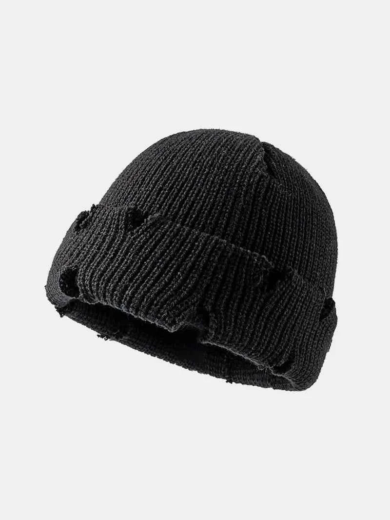 Distressed Cuffed Knit Hat Black One Size for a perfect OOTD – dress to impress outfits from Amexza