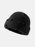 Distressed Cuffed Knit Hat Black One Size for a perfect OOTD – dress to impress outfits from Amexza