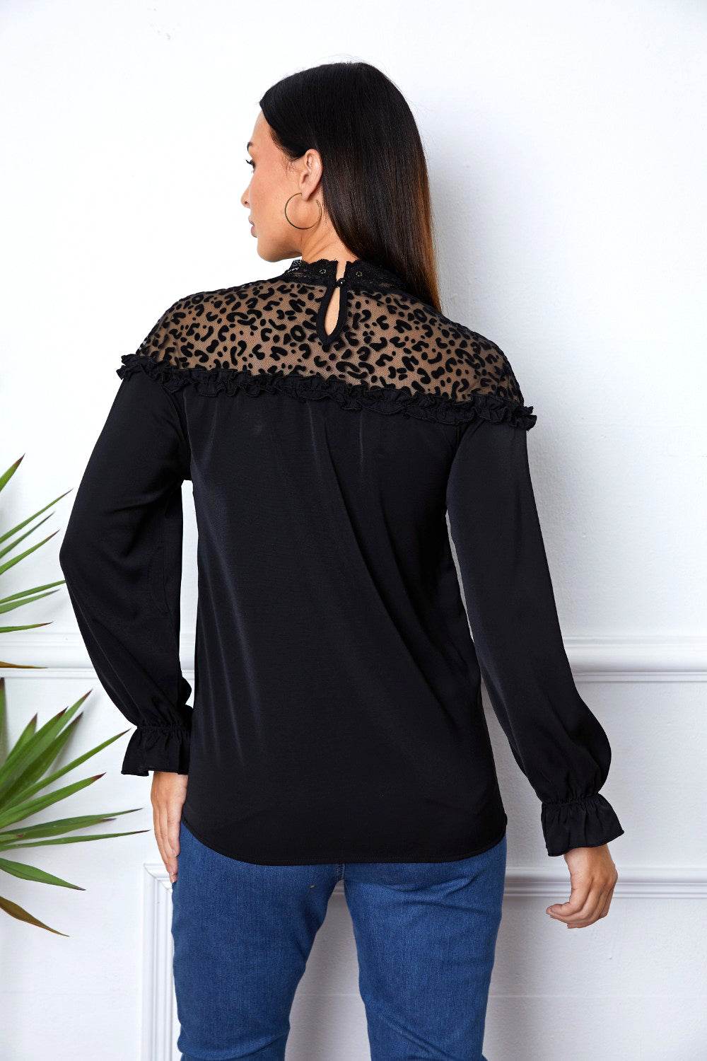 Leopard Frill Flounce Sleeve Blouse - Amexza