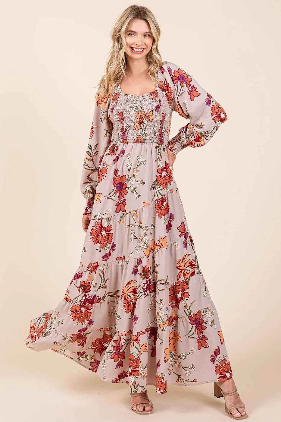 Mittoshop Flower Print Smocked Diagonal Tiered Maxi Dress for a perfect OOTD – dress to impress outfits from Amexza