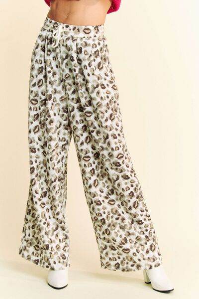 Davi & Dani Drawstring Leopard Wide Leg Pants - Amexza