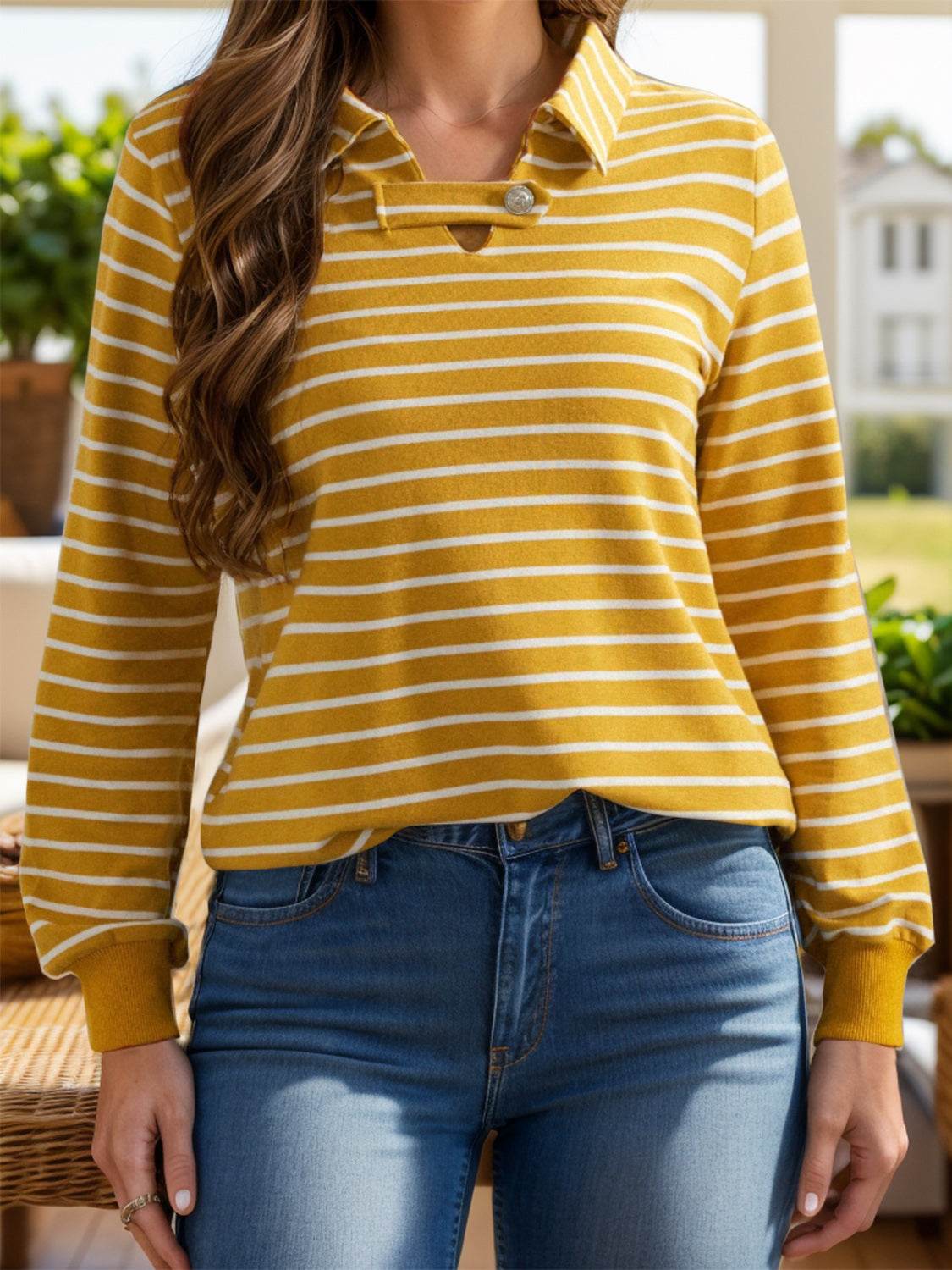 Striped Johnny Collar Long Sleeve T-Shirt Yellow for a perfect OOTD – dress to impress outfits from Amexza