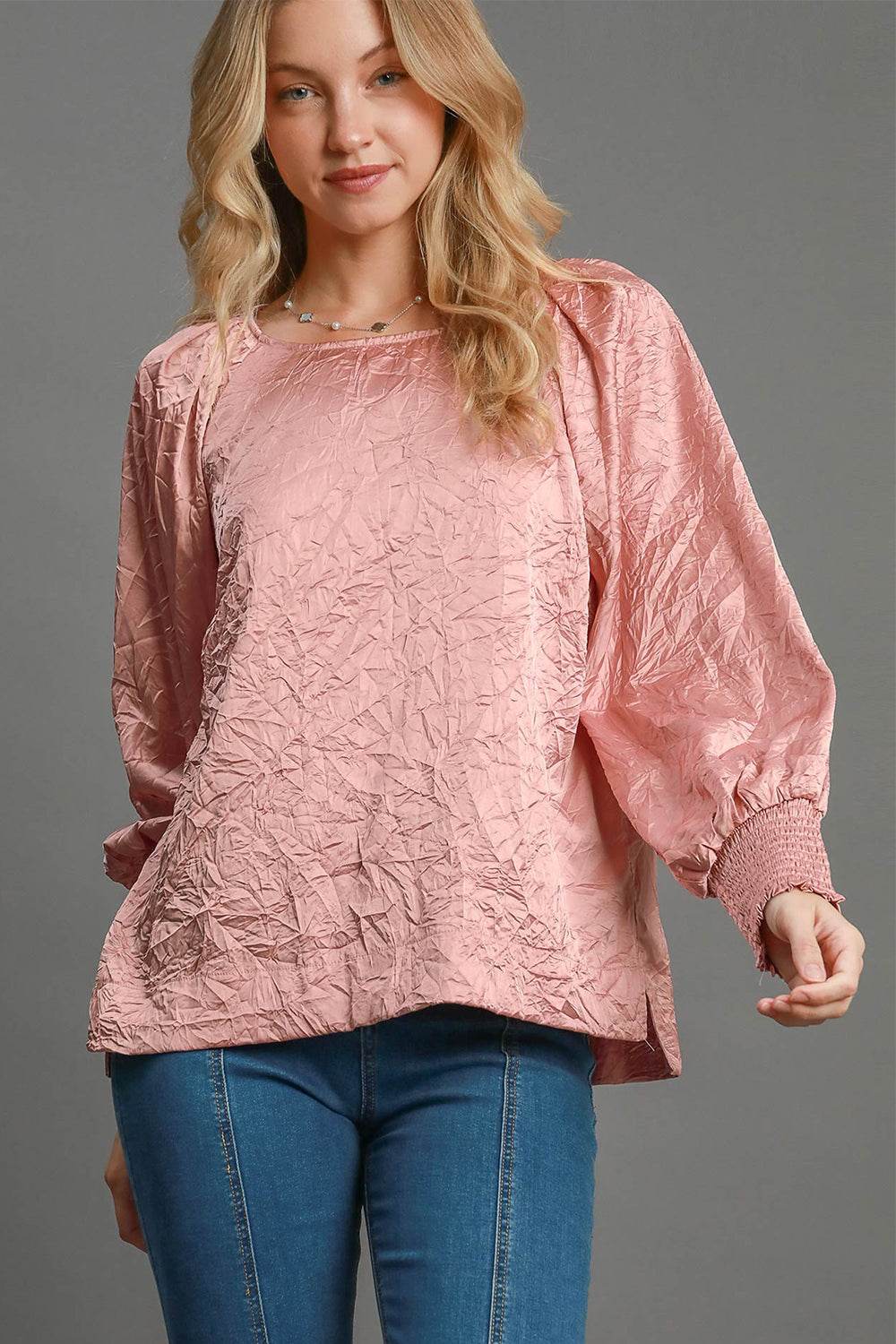 Umgee Wrinkled Round Neck Lantern Sleeve Blouse Blush Pink for a perfect OOTD – dress to impress outfits from Amexza