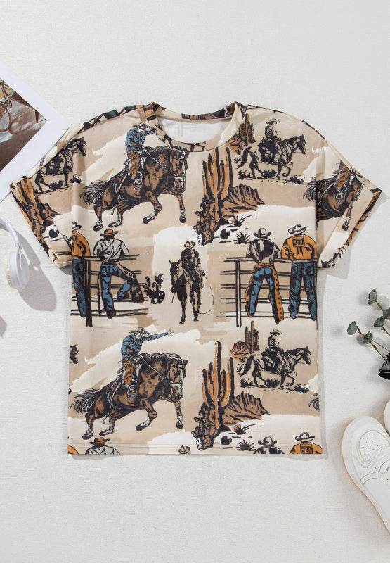 Cowboy Print Round Neck Short Sleeve T Shirt for a perfect OOTD – dress to impress outfits from Amexza