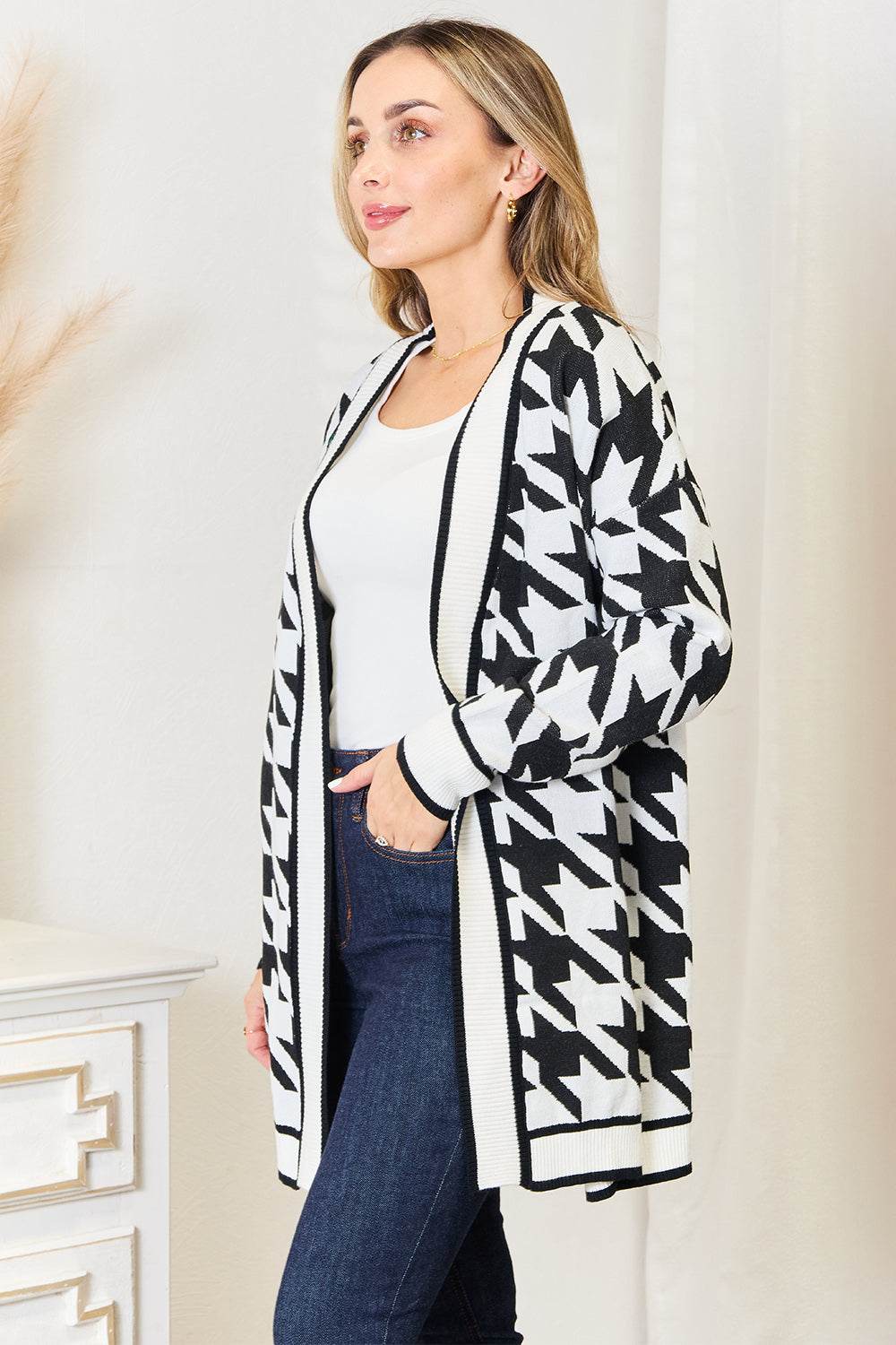 Mandy Woven Right Houndstooth Open Front Longline Cardigan for a perfect OOTD – dress to impress outfits from Amexza