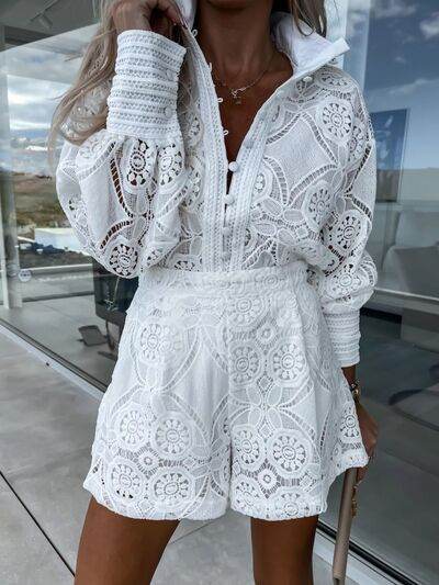 Lace Button Detail Long Sleeve Top and Shorts Set - Amexza