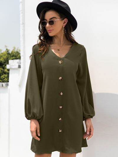 V-Neck Long Sleeve Mini Dress Army Green for a perfect OOTD – dress to impress outfits from Amexza