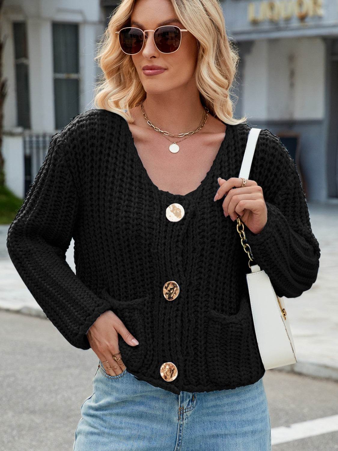 Round Neck Button Up Cardigan with Pockets - Amexza