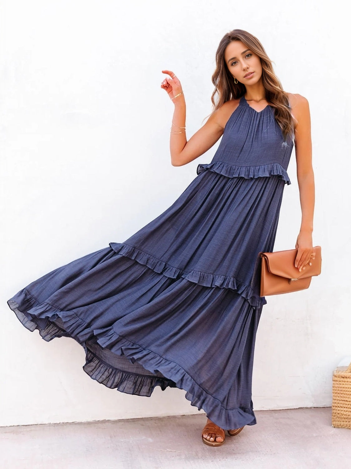 Ruffled Sleeveless Tiered Maxi Dress with Pockets - Dark Blue / S