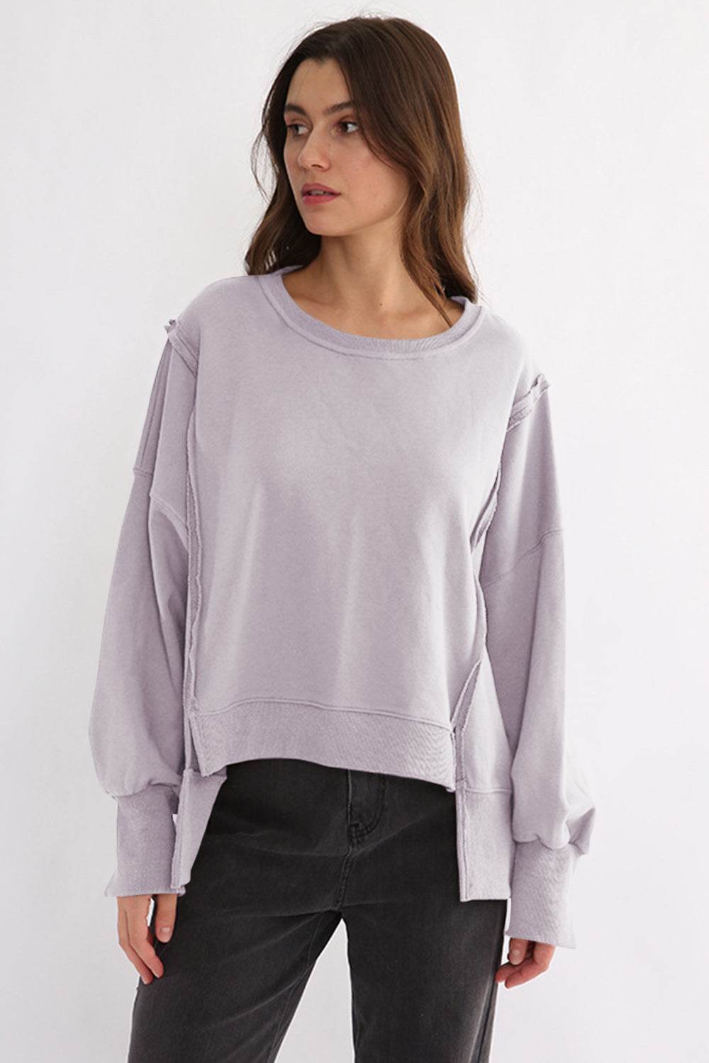 Exposed Seam High-Low Long Sleeve Sweatshirt Pink Purple One Size for a perfect OOTD – dress to impress outfits from Amexza