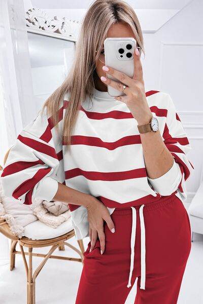 Striped Round Neck Long Sleeve Top and Pants Set Scarlet for a perfect OOTD – dress to impress outfits from Amexza