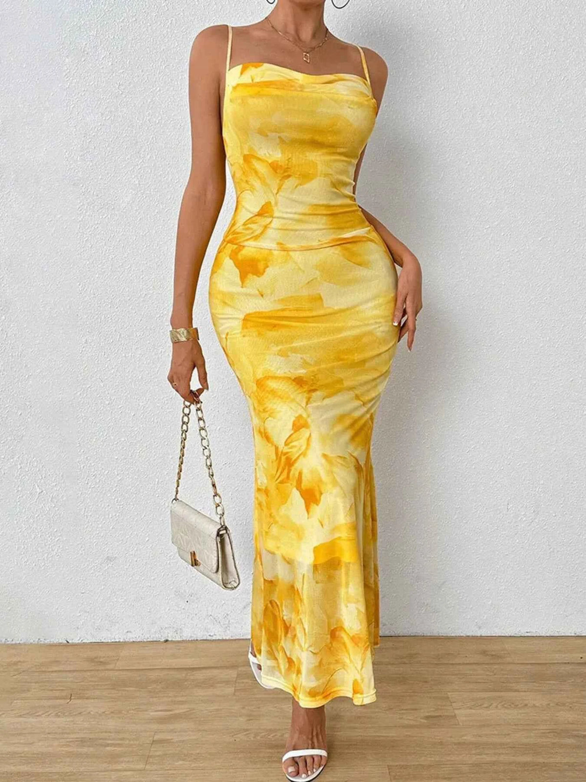 Tie-Dye Ruched Bodycon Mesh Cami Maxi Dress