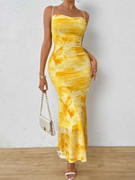 Tie-Dye Ruched Bodycon Mesh Cami Maxi Dress