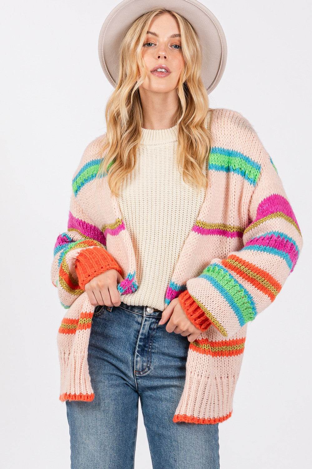 SAGE + FIG Rainbow Striped Open Front Knit Cardigan - Amexza